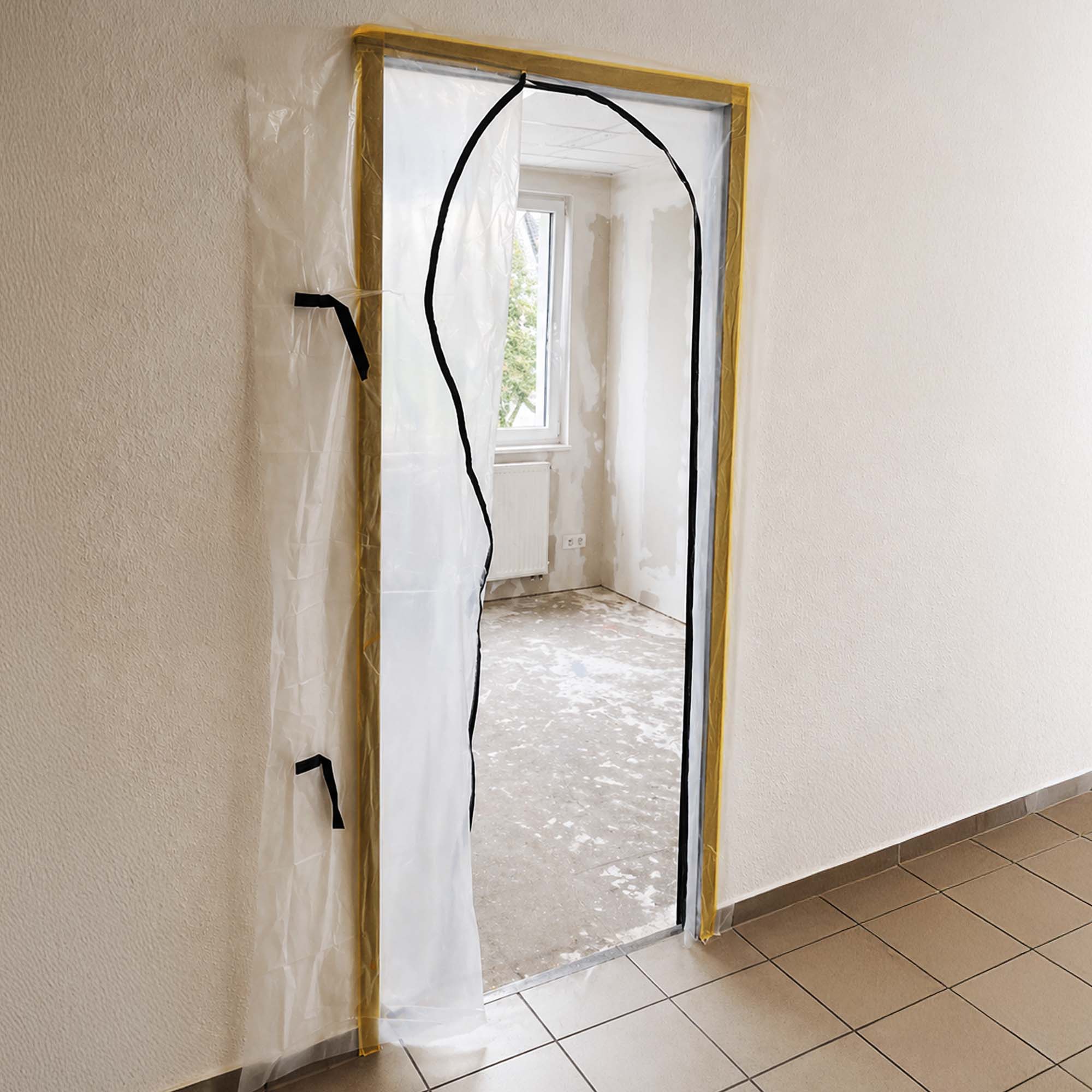 Transparente Zero Dust Staubschutztür aus Folie mit L-Reißverschluss, schwellenlos montiert im Türrahmen, 220 x 120 cm, als Schmutzschleuse bei Renovierung und Baustelle
