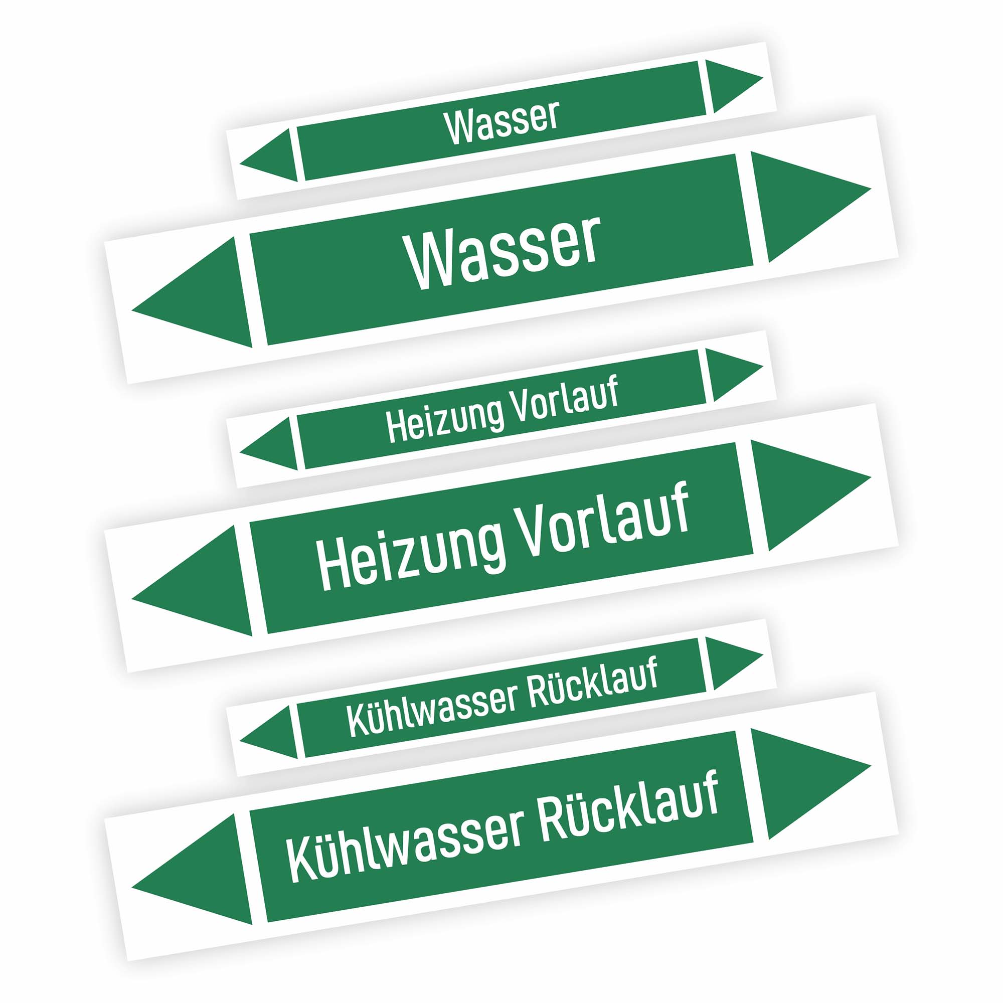 Abgebildet sind grüne Rohrleitungskennzeichnungs-Aufkleber für Wasser nach DIN 2403 von Zero Dust, mit Beschriftungen wie Wasser, Heizung Vorlauf und Kühlwasser Rücklauf, 10 Stück.