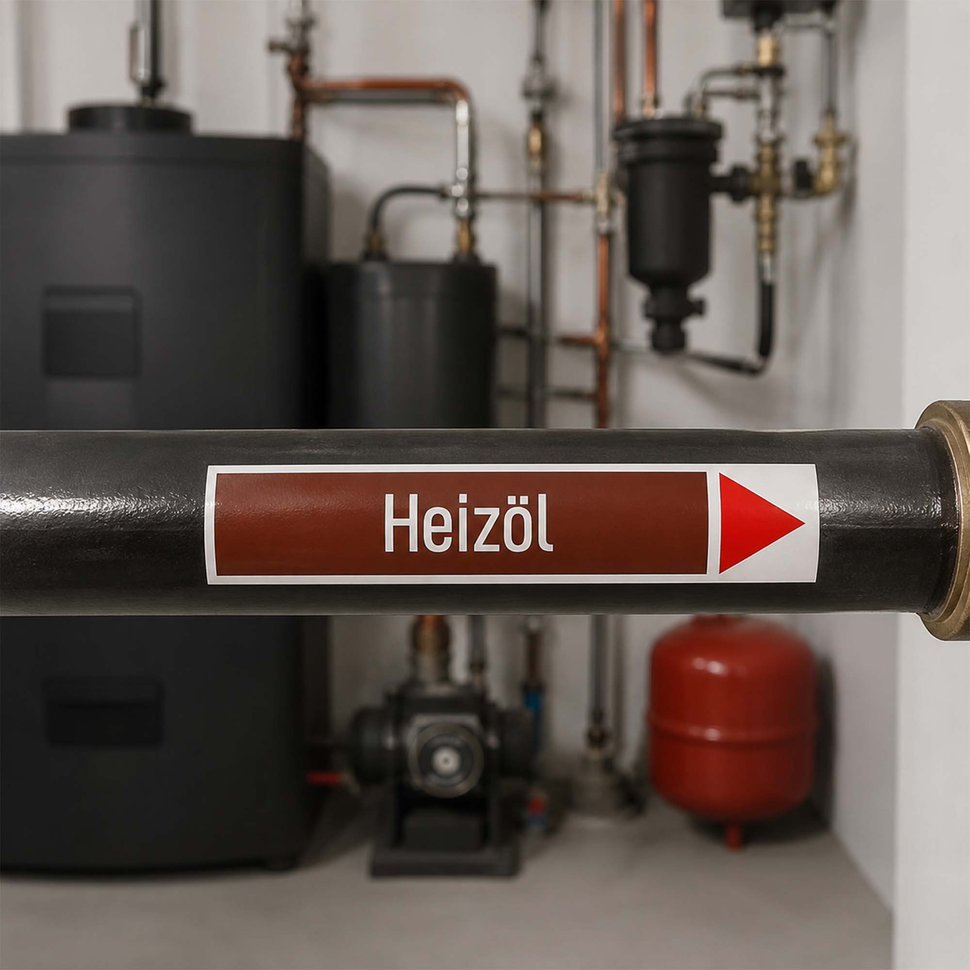 Rohr mit Aufkleber „Heizöl“ als Rohrleitungskennzeichnung für brennbare Flüssigkeiten nach DIN 2403, braun/rot, 10 Stück von Zero Dust