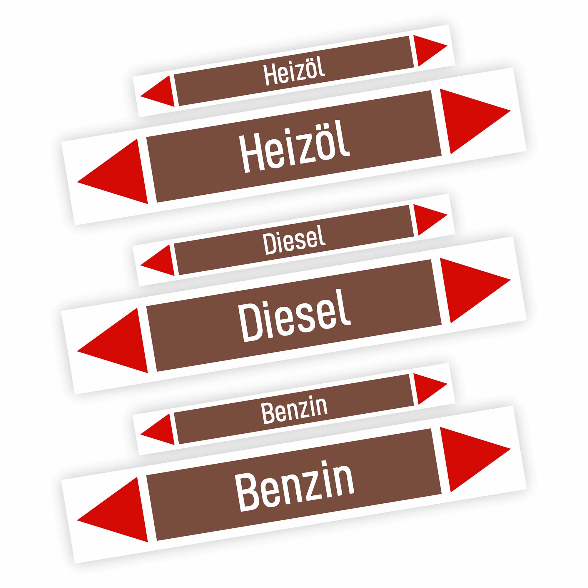 Braun-rote Rohrleitungskennzeichnung nach DIN 2403 für brennbare Flüssigkeiten als Aufkleber-Set mit Heizöl-, Diesel- und Benzin-Beschriftung, 10 Stück von Zero Dust
