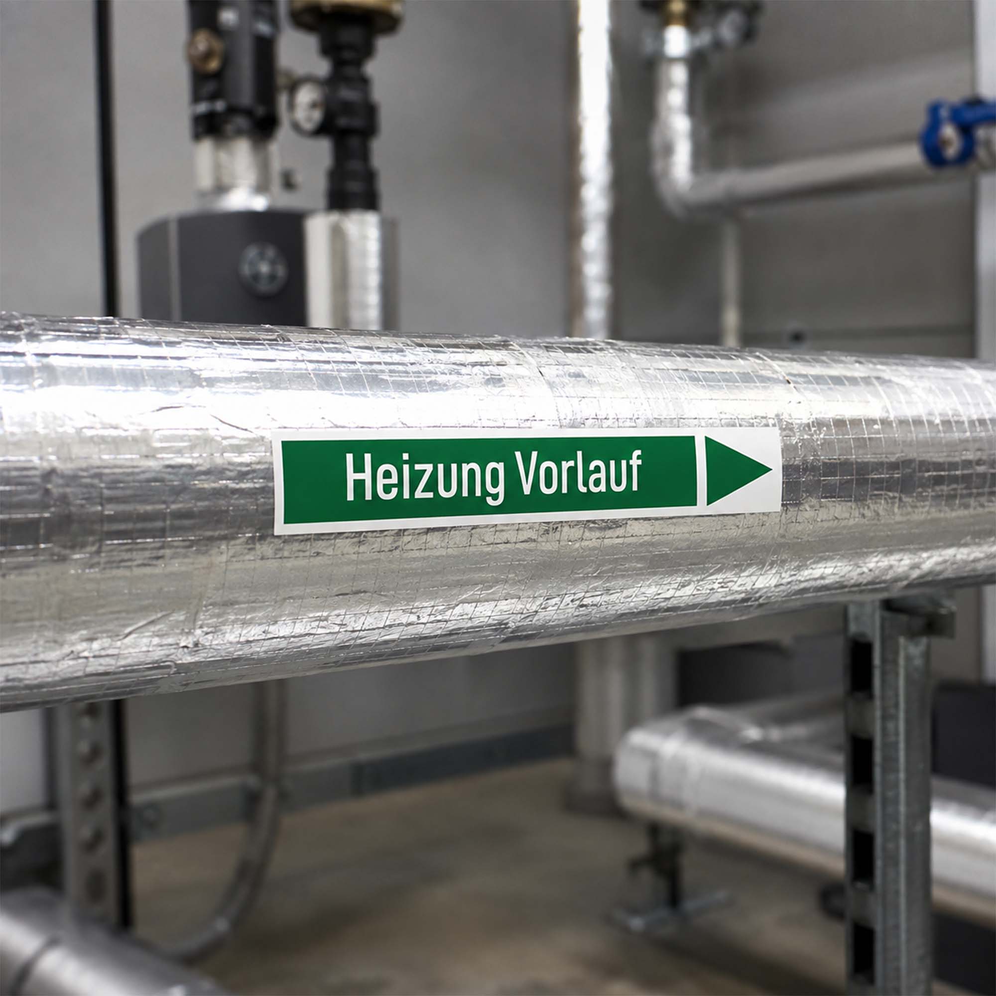 Grüne Rohrleitungskennzeichnung Wasser nach DIN 2403 von Zero Dust als Aufkleber auf isolierter Rohrleitung, beschriftet mit „Heizung Vorlauf“ und Pfeil nach rechts, 10 Stück