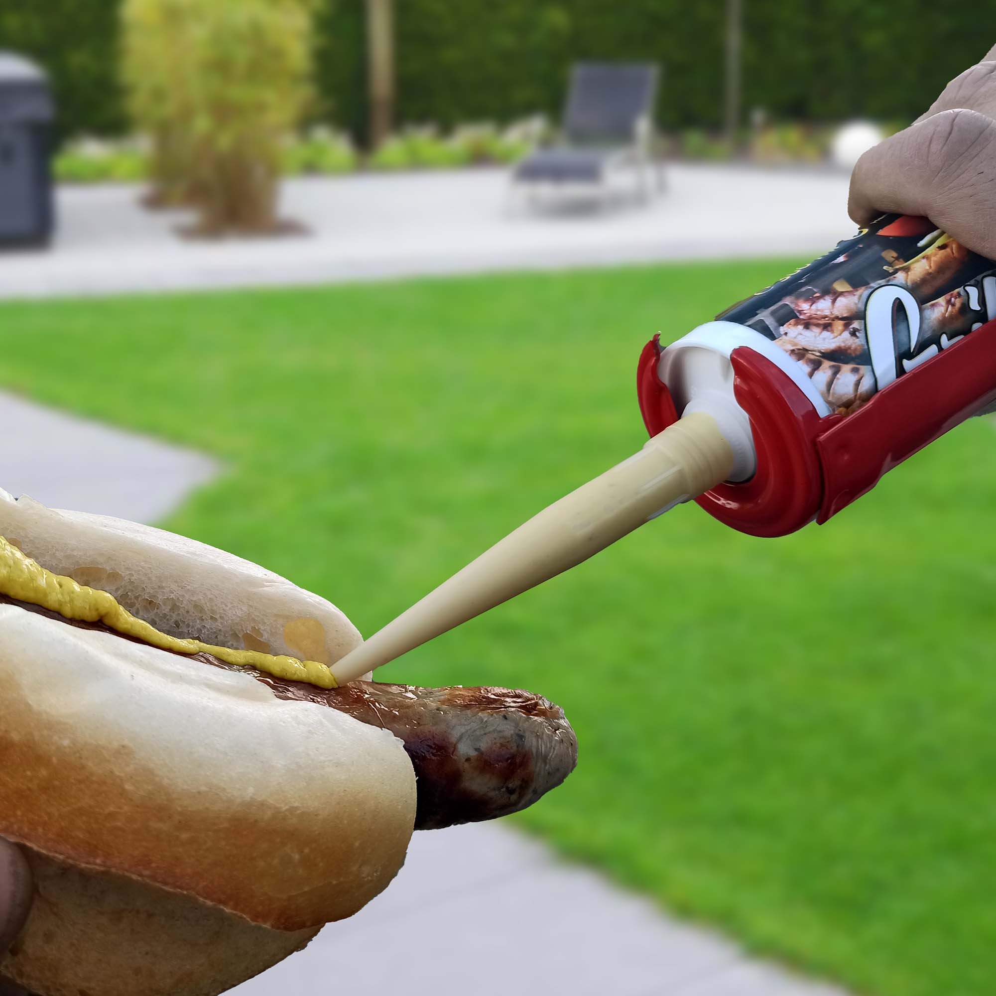Nahaufnahme: Grillikon Geschenkset „WM-Edition“ mit mittelscharfem Senf aus 300 ml Kartusche und Kartuschenpistole auf Bratwurst im Brötchen