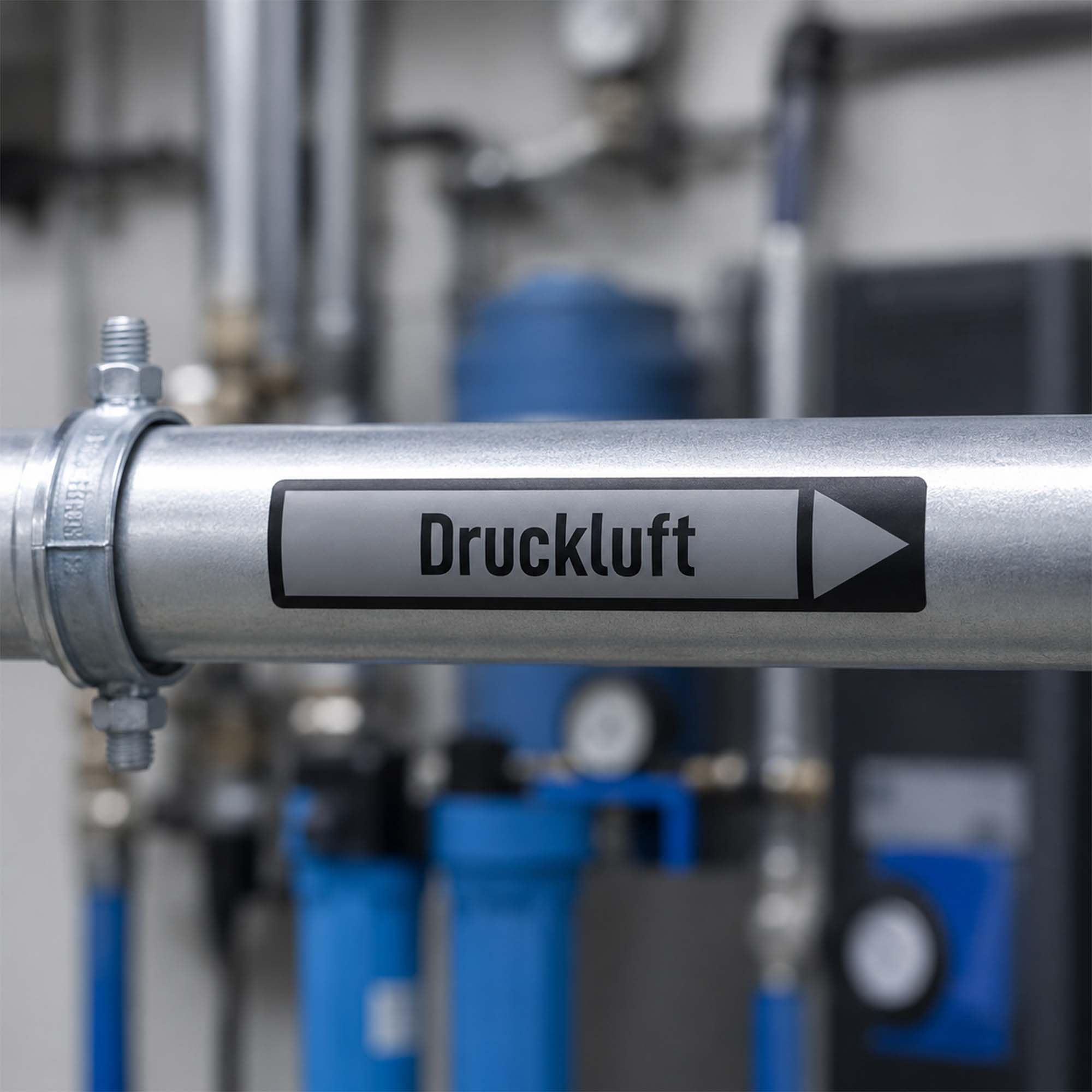 Rohr mit aufgeklebter Strömungskennzeichnung als Anwendungsbeispiel für Rohrleitungskennzeichnung Brennbare Gase nach DIN 2403, gelb/rot, 10 Aufkleber von Zero Dust